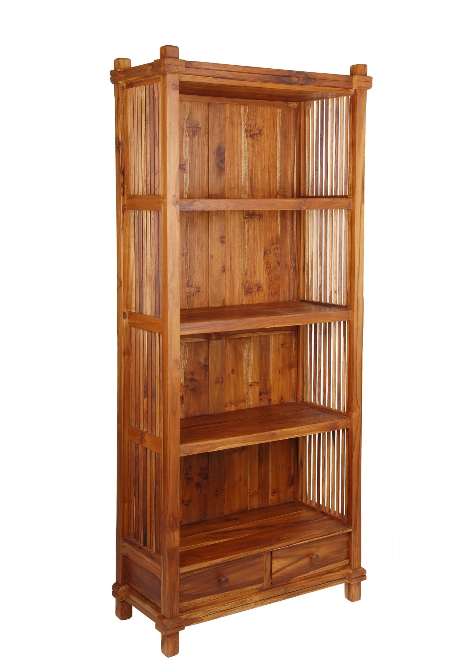 Batavia Solid Teak Bookcase, Ruji sides, Solid Back Medium 2 Drawer to Base
