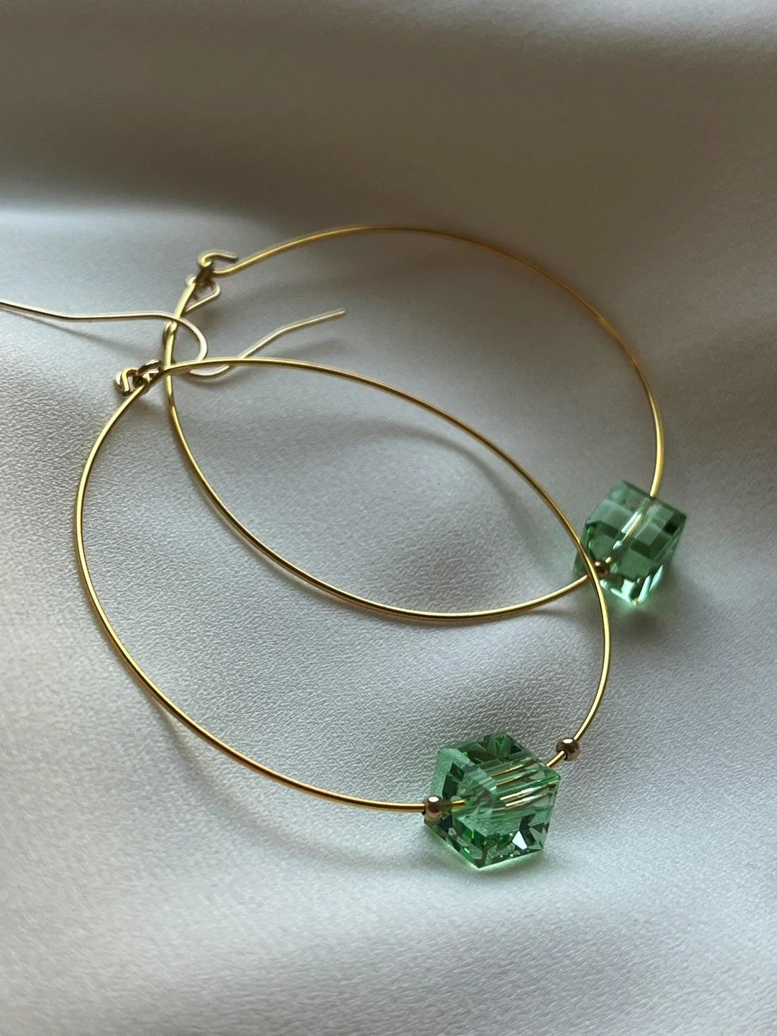 Glass Cube Gold Hoops Mint Green 50mm