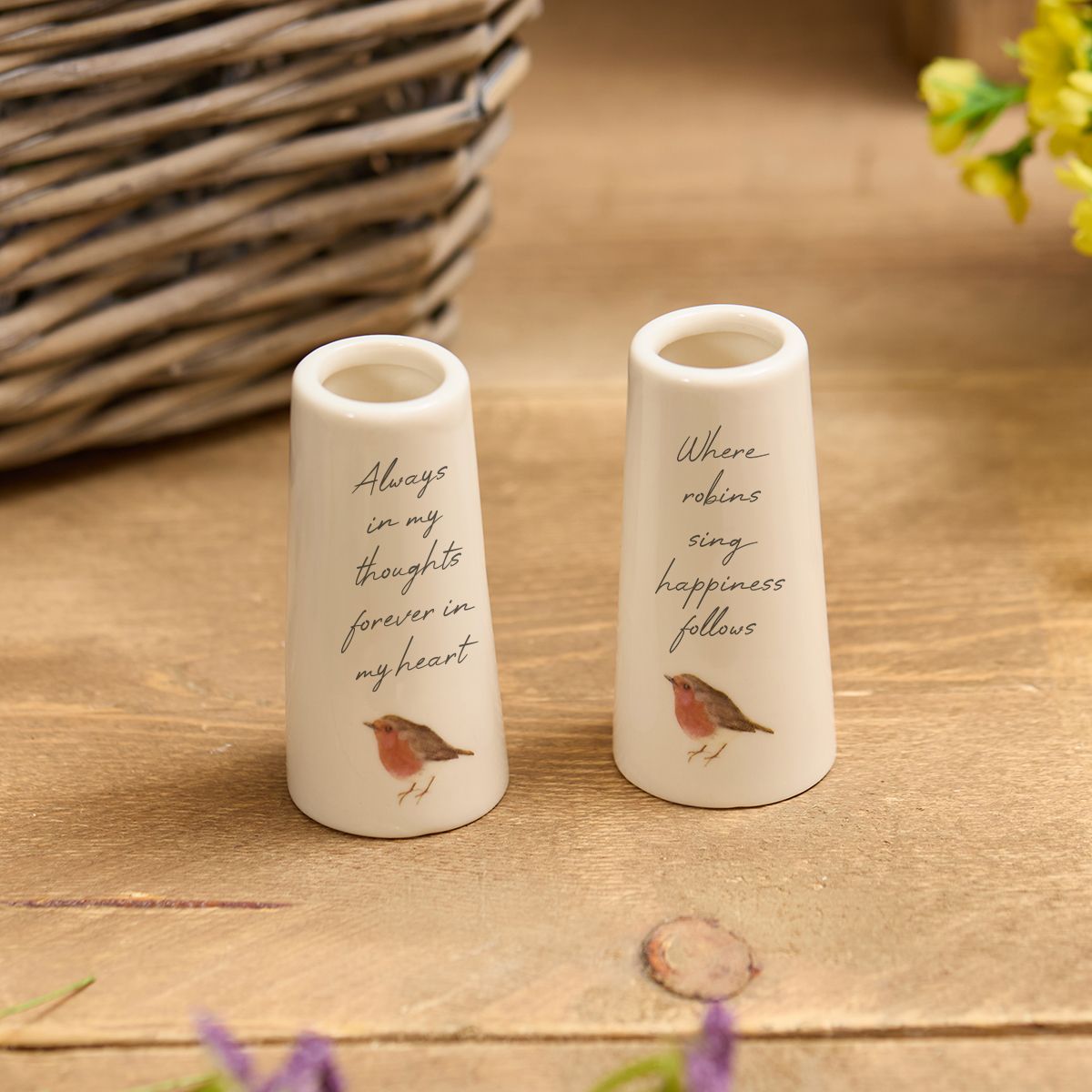 ROBIN SENTIMENT KEEPSAKE BUD VASE 2 ASSTD SAYINGS WITH GIFT BOX