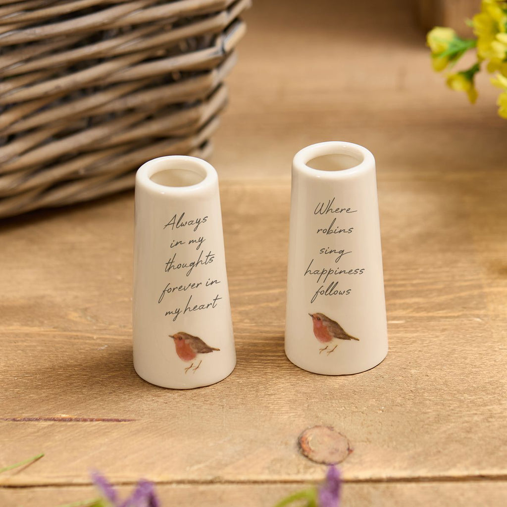 ROBIN SENTIMENT KEEPSAKE BUD VASE 2 ASSTD SAYINGS WITH GIFT BOX