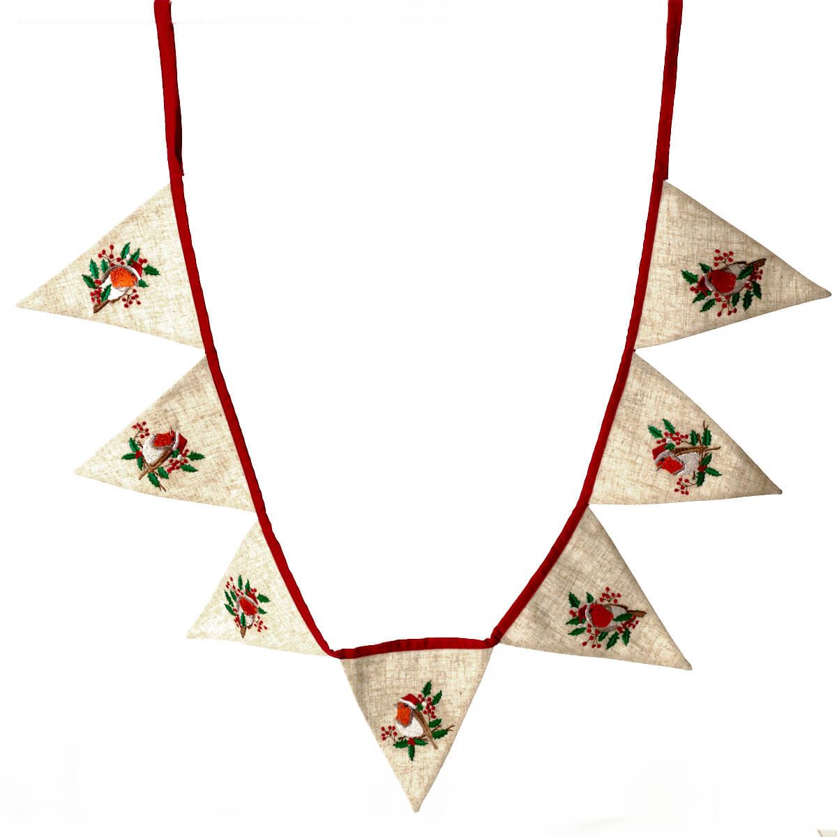 LAN-463_a CHRISTMAS ROBIN EMBROIDERED BUNTING 7 FLAGS COTTON AND LINEN