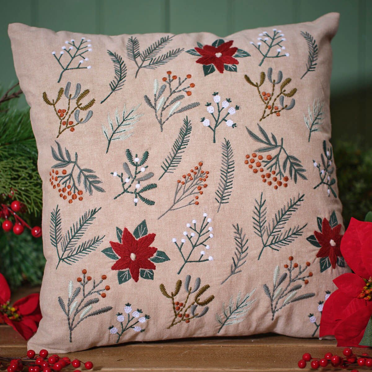 POINSETTIA AND FOLIAGE 100% COTTON EMBROIDERED CUSHION