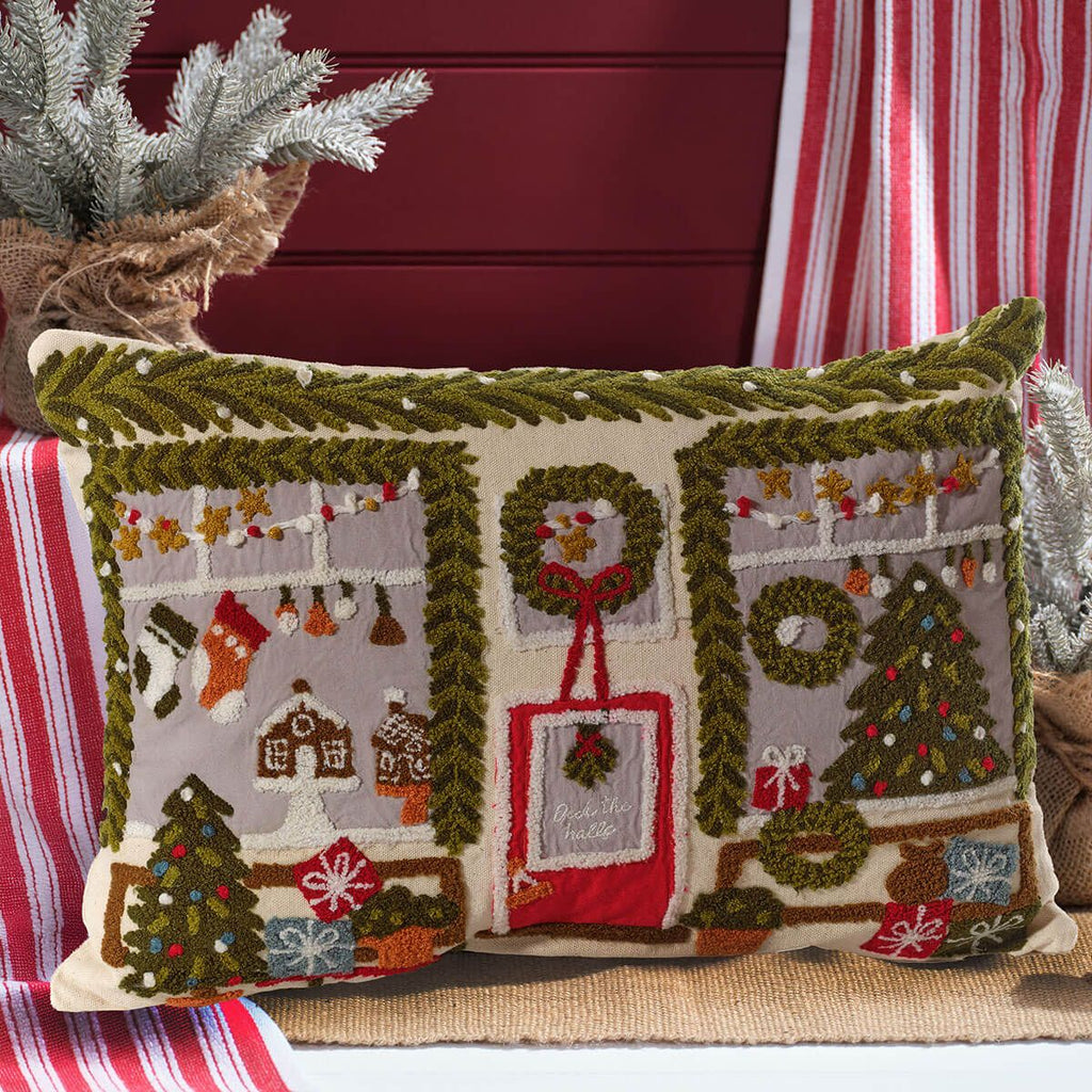 DECK THE HALLS 100% COTTON CUSHION WITH ALL OVER EMBROIDERY