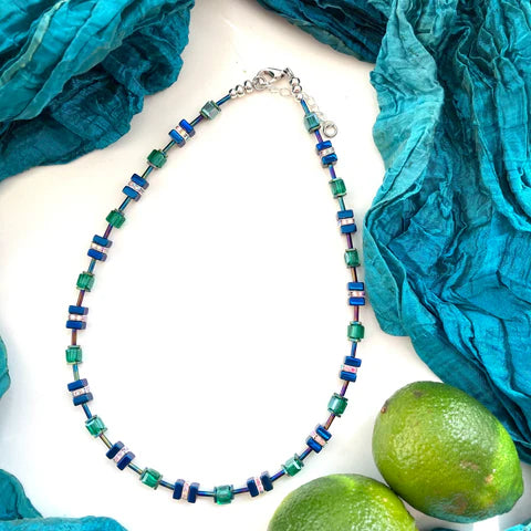 Mishe Necklace Blue & Green Hematite & Crystal Cube+