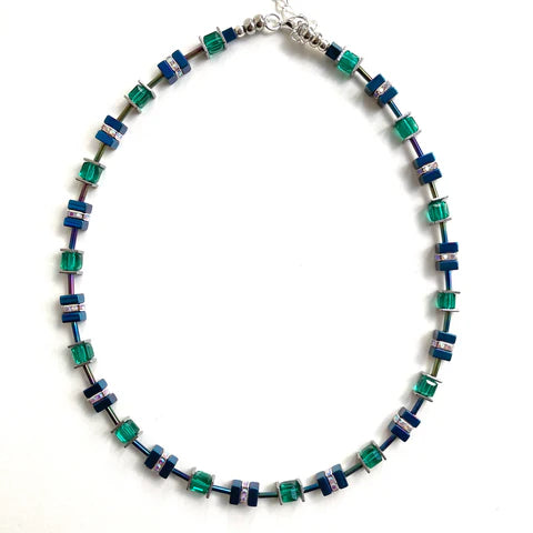 Mishe Necklace Blue & Green Hematite & Crystal Cube