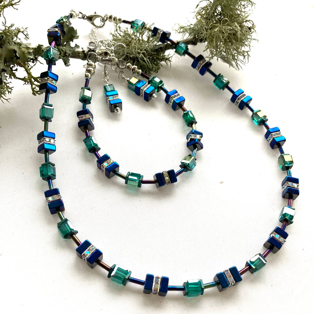 Blue Green Hematite Crystal Cube Bracelet