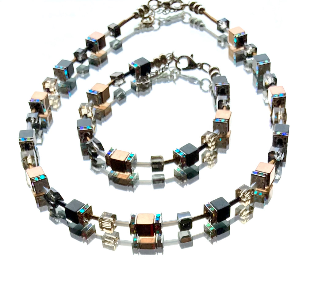 Rose Gold Grey Hematite Crystal Cube Necklace and Bracelet