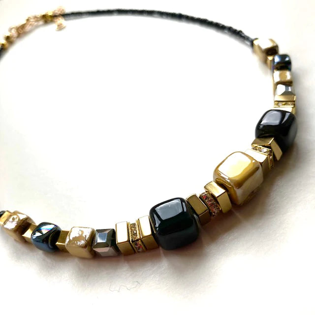 MISHE, Black & Gold Ceramic & Gemstone Cubes Necklace
