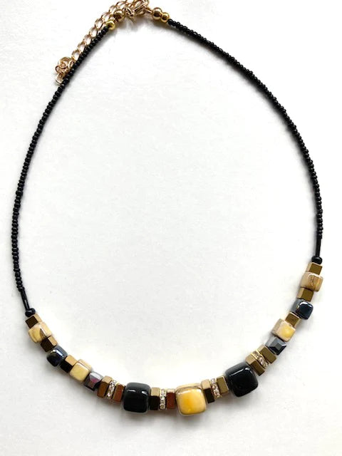 Black & Gold Ceramic & Gemstone Cubes Necklace
