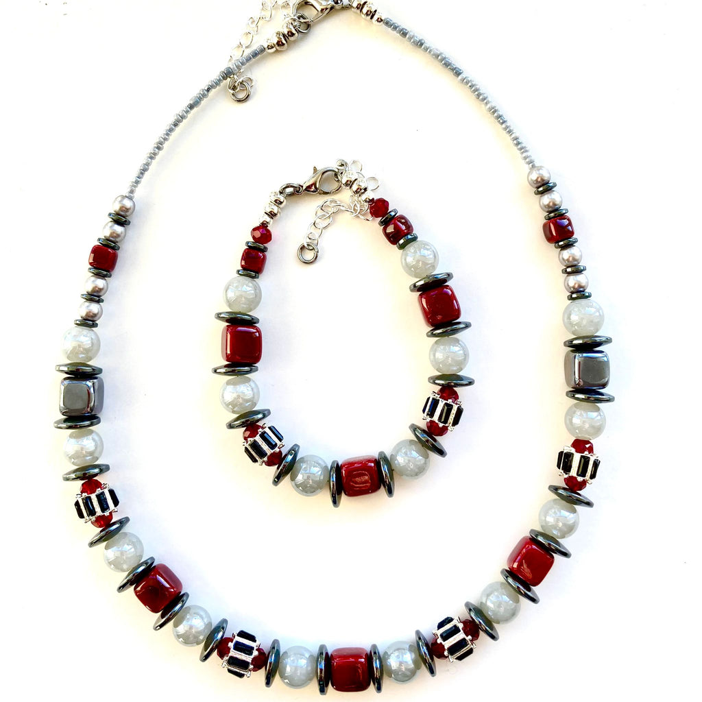 Red & Grey Ceramic, Pearl & Crystal Set of Necklace & Bracelet