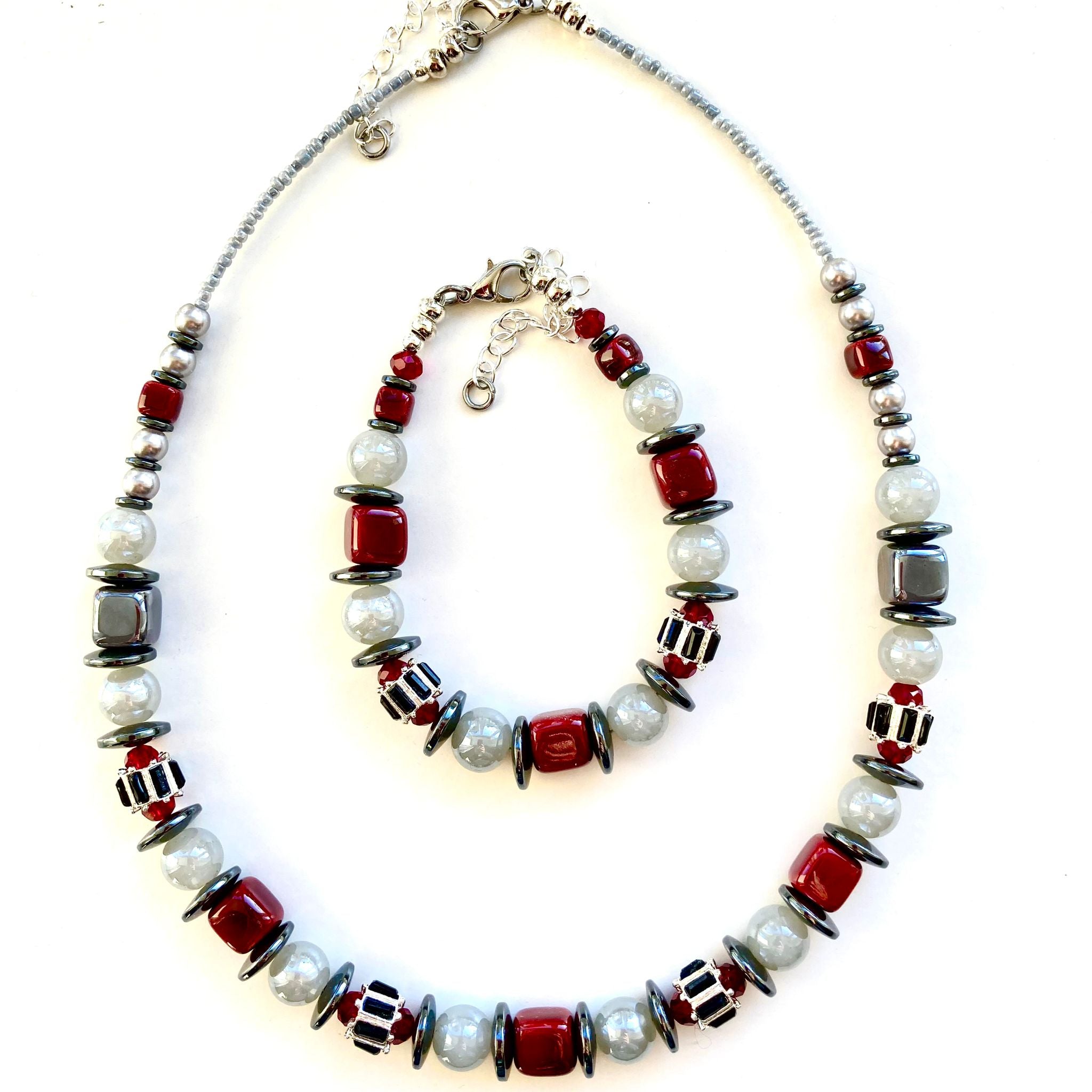 Red & Grey Ceramic, Pearl & Crystal Set of Necklace & Bracelet