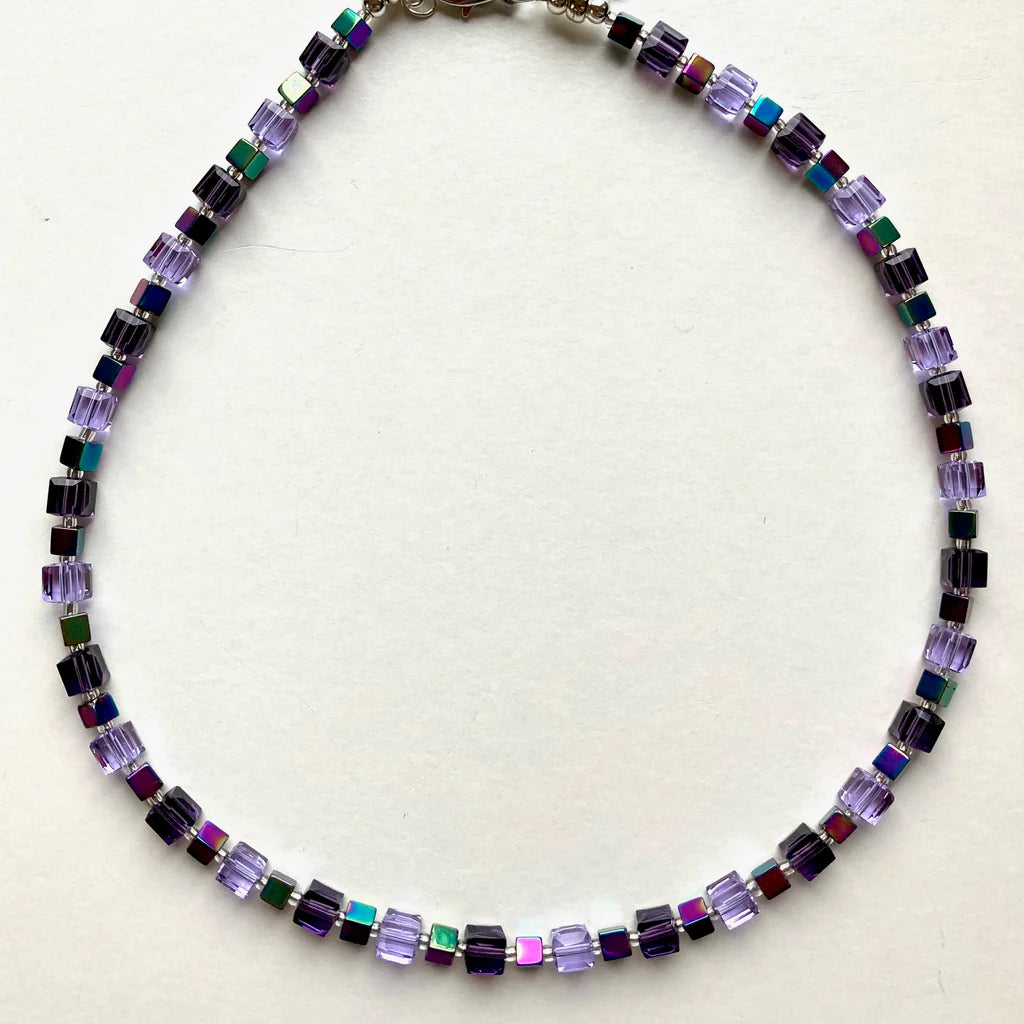 MISHE, Purple & Lilac Crystal Cube with Iridescent Hematite Cubes Necklace