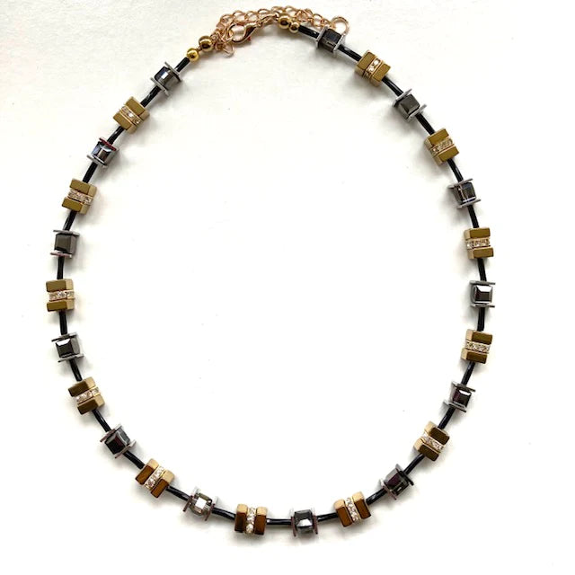 Black & Gold Hematite & Crystal Cube Necklace by Mishe designs