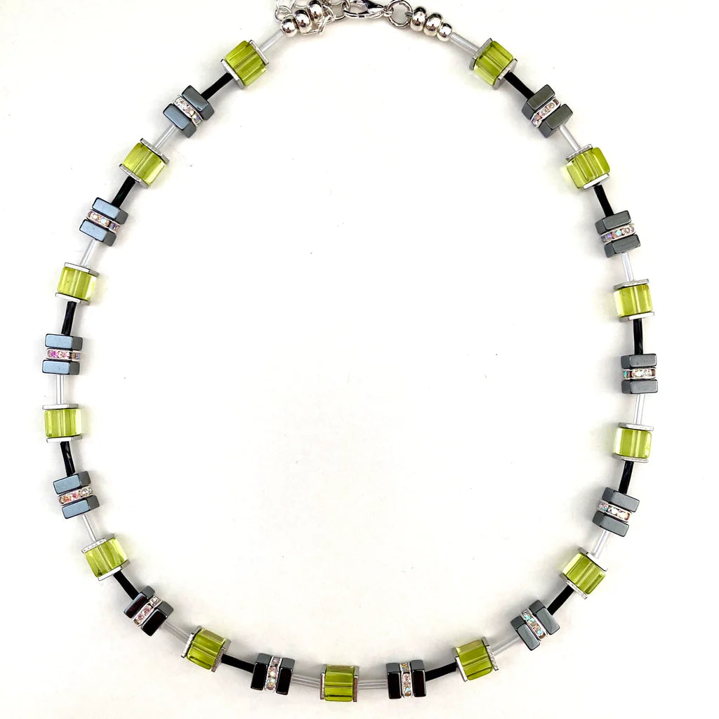 Lime Green & Grey Hematite & Crystal Cube Necklace