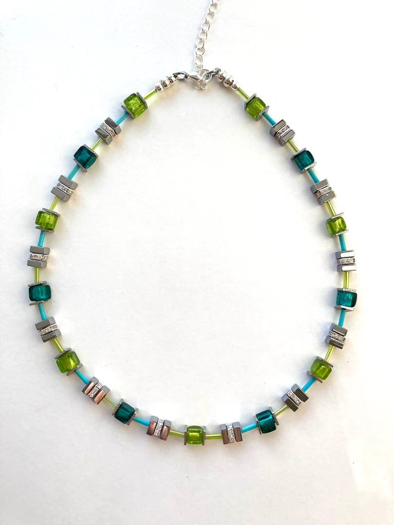 Teal & Lime Green Murano-Style Glass & Gemstone Cubes Necklace