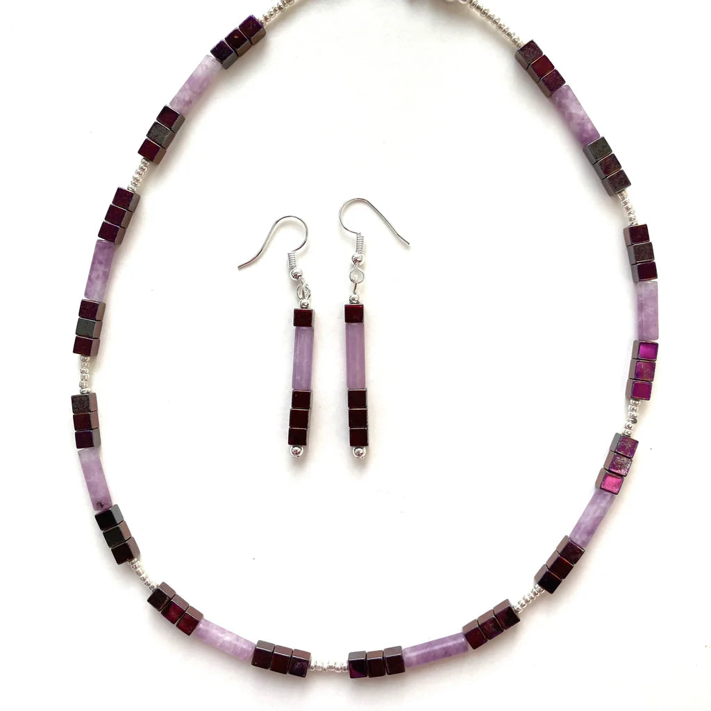 Tubular Purple and Lilac Gemstone Necklace & Earrings