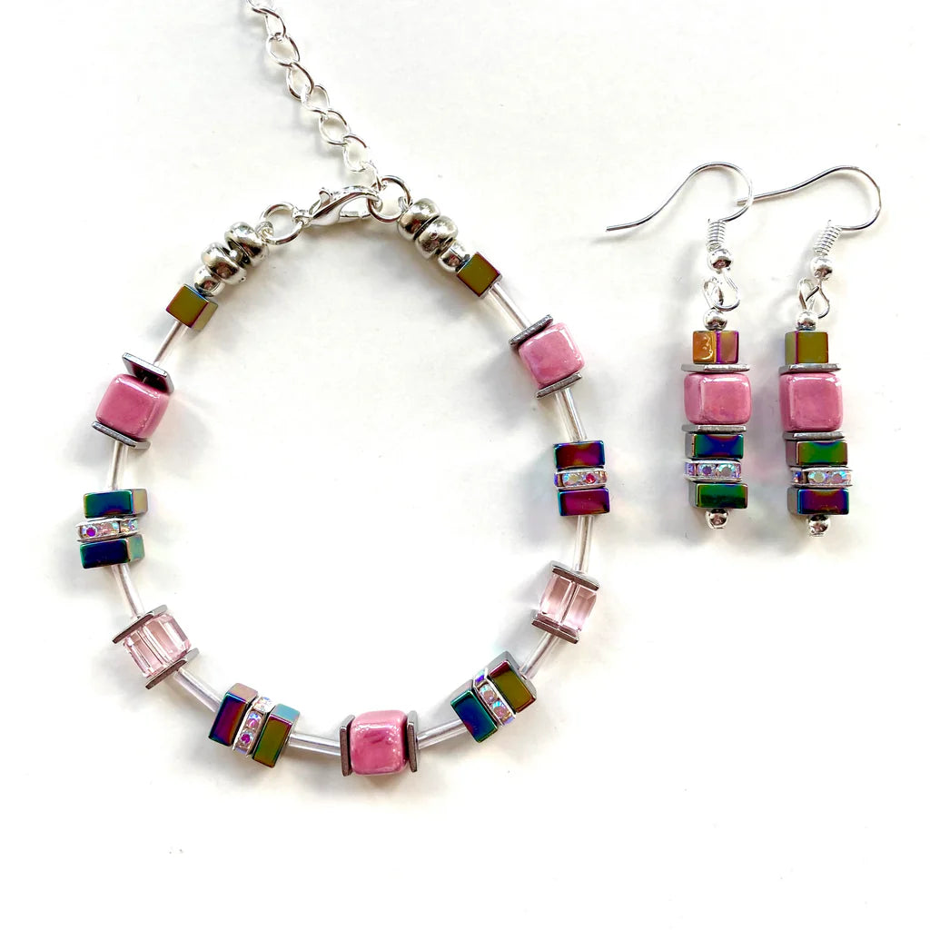 Pink ceramic, crystal & gemstone Bracelet & Earrings