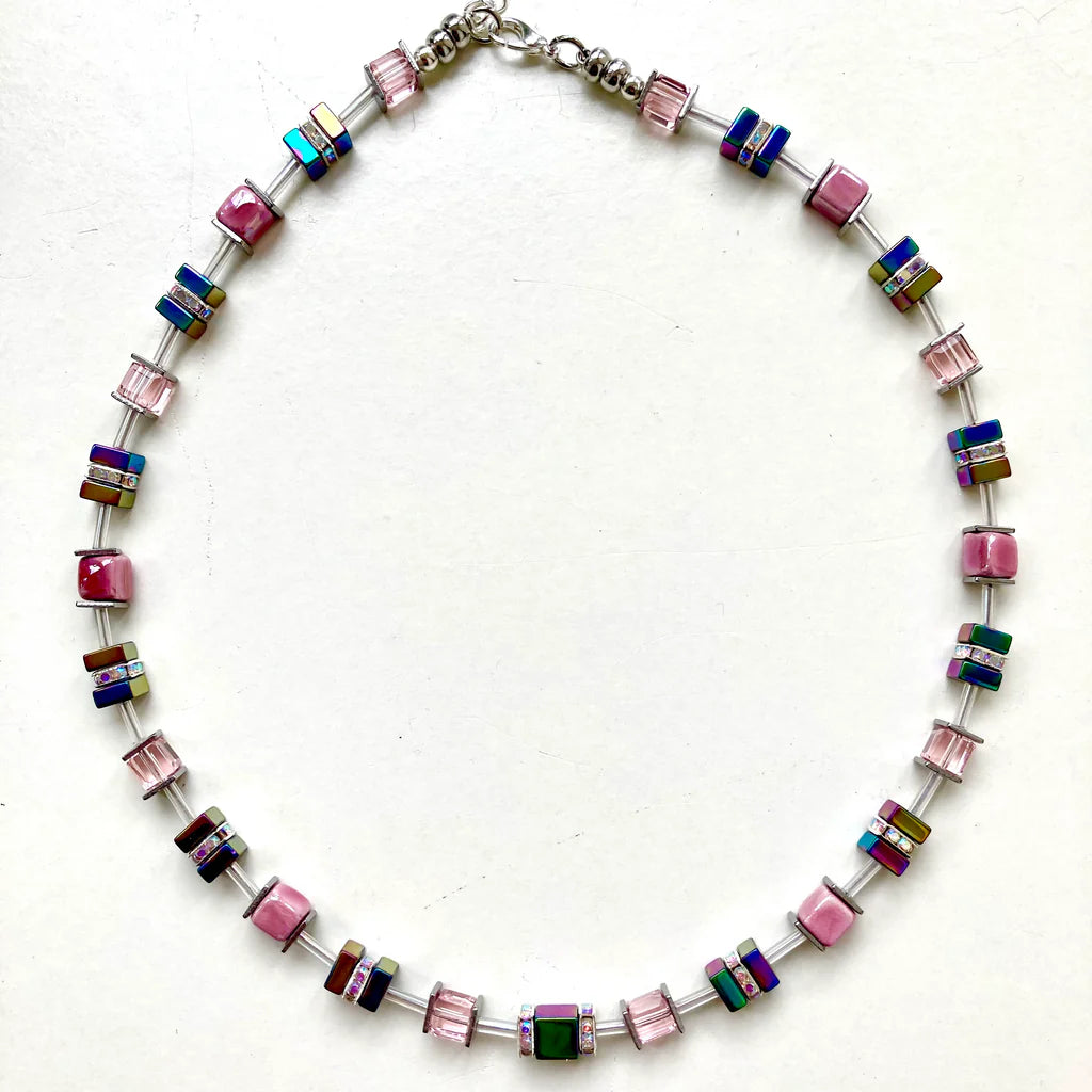 Pink ceramic , crystal and gemstone Necklace