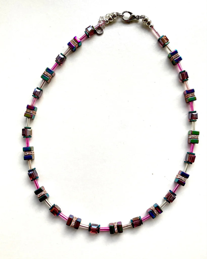 Amethyst & Rainbow Hematite & Crystal Cube necklace