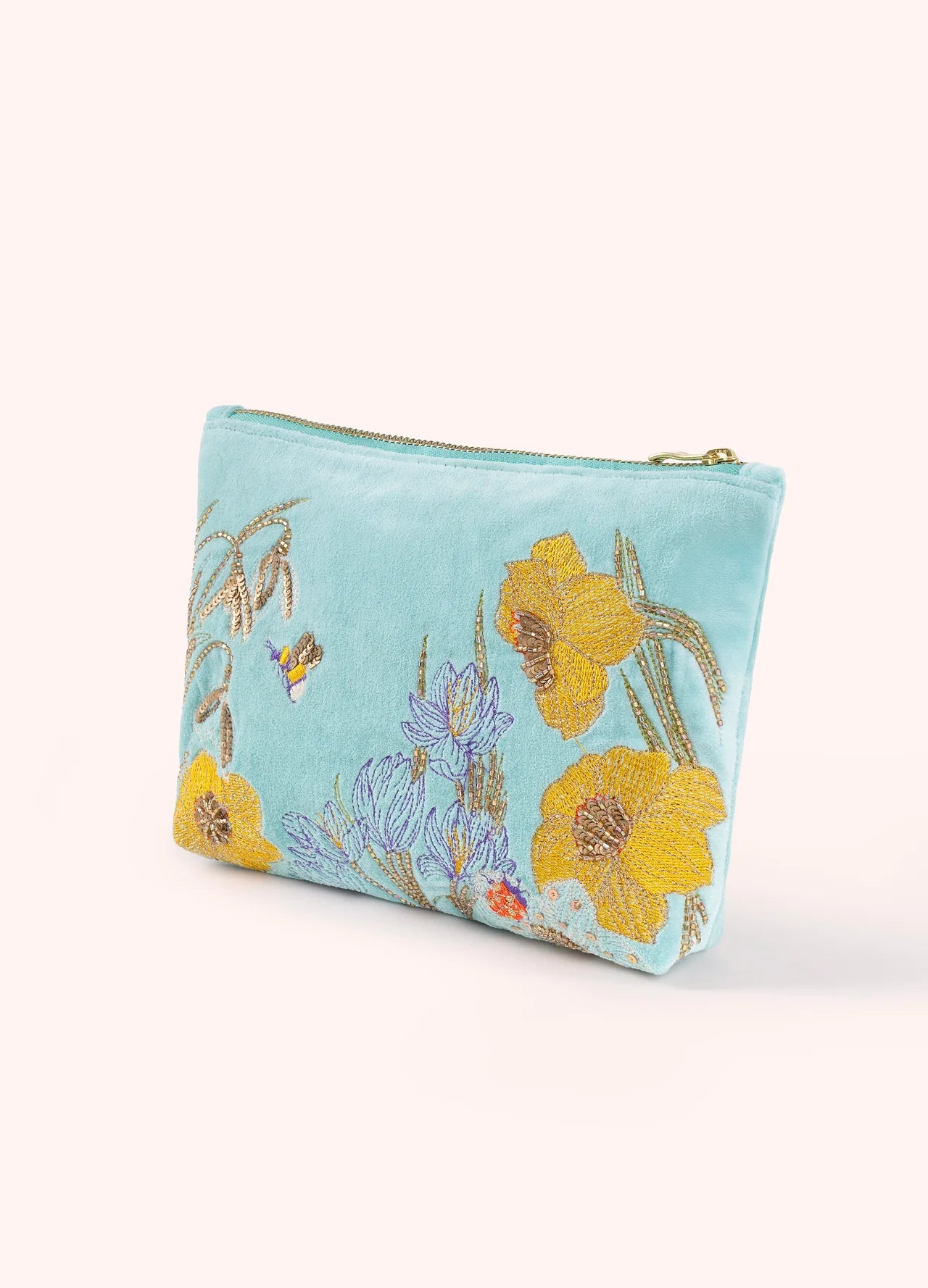 Wildflower Velvet Embroidered Zip Pouch by POWDER