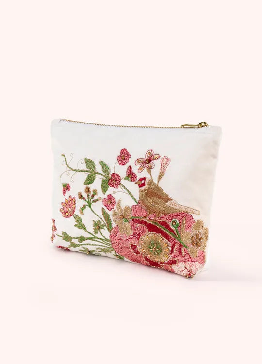 Velvet Embroidered Zip Pouch, Goldfinch, by POWDER