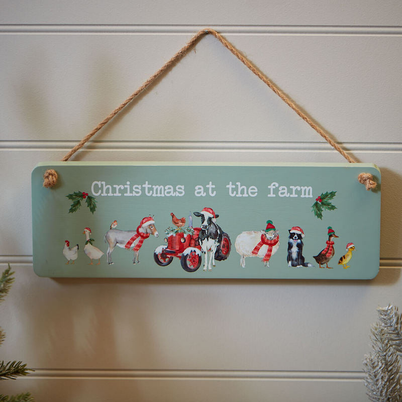 XMAS FARM ANIMAL PLAQUE CHUNKY GREEN WOOD WITH RED TRACTOR