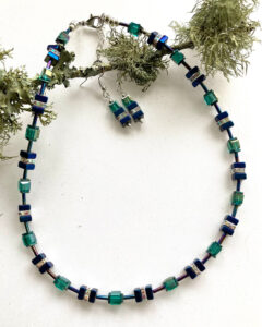 Blue Green Hematite Crystal Cube Necklace and Earring