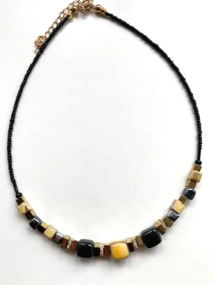MISHE, Black & Gold Ceramic & Gemstone Cubes Necklace