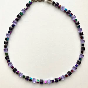 MISHE, Purple & Lilac Crystal Cube with Iridescent Hematite Cubes Necklace