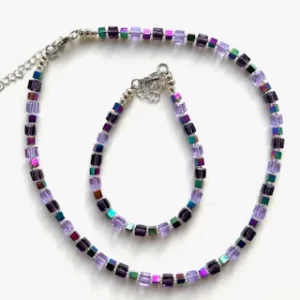 MISHE, Purple & Lilac Crystal Cube with Iridescent Hematite Cubes. Necklace & Bracelet