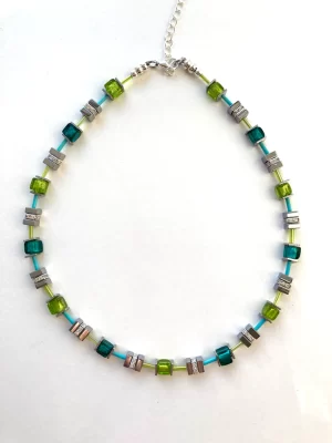 Teal & Lime Green Murano-Style Glass & Gemstone Cubes Necklace