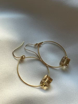 Glass Cube Gold Hoops Sky Blue 30mm