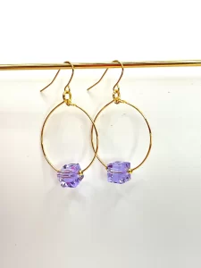 Glass Cube Gold Hoops Lilac 30mm