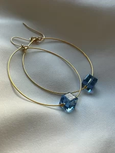 Glass Cube Gold Hoops Sky Blue 30mm