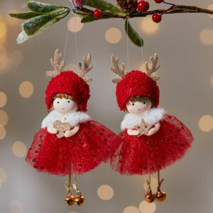 XMAS GIRL HANGER 2 ASSTD FABRIC WITH RED TUTU BELL FEET & ANTLER