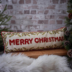 MERRY XMAS RECTANGULAR CUSHION WHITE EMBROIDERED & BEADED FABRIC