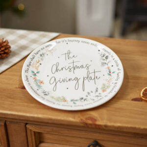 XMAS GIVING PLATE WHITE STONEWARE WITH QUOTE & FOLIAGE WREATH