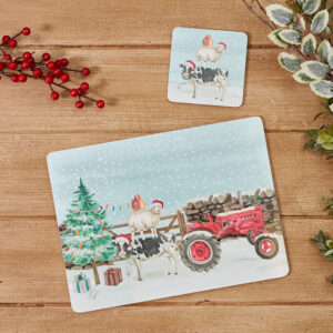 XMAS FARM SCENE PLACEMAT 4/BOX HEAT RESISTANT WOOD