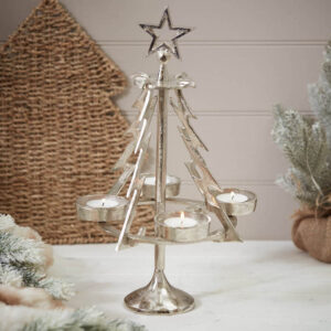 XMAS METAL TREE ORNAMENT SILVER WITH 4 TEA LIGHT HOLDERS