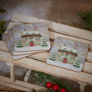 XMAS COTTAGE SCENE COASTER 4/BOX HEAT RESISTANT WOOD