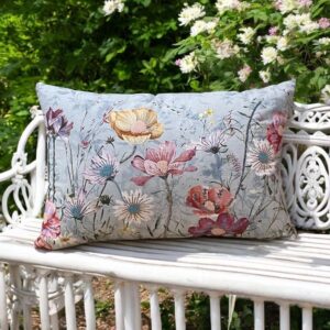 Cushion Embroidered, Pink Yellow flowers on Blue