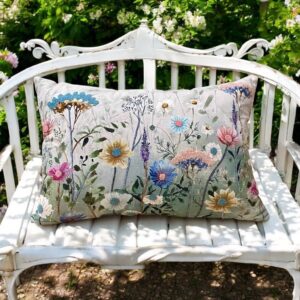 Cushion Embroidered, Country flowers Blue Grey